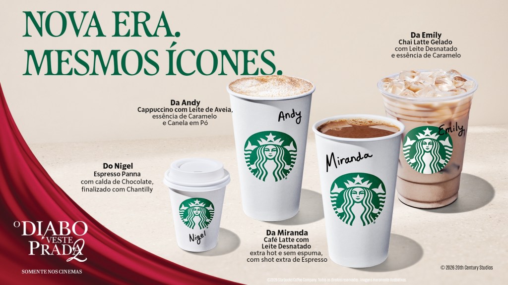 Starbucks lança bebidas inspiradas nos personagens de O Diabo Veste Prada 2 como parte de nova campanha&nbsp;global